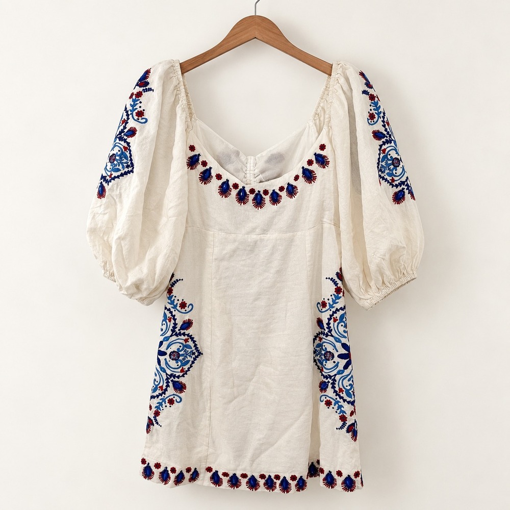 Farm Rio Womens Medium Embroidered Linen Cotton Puff Sleeve Mini Dress Cream